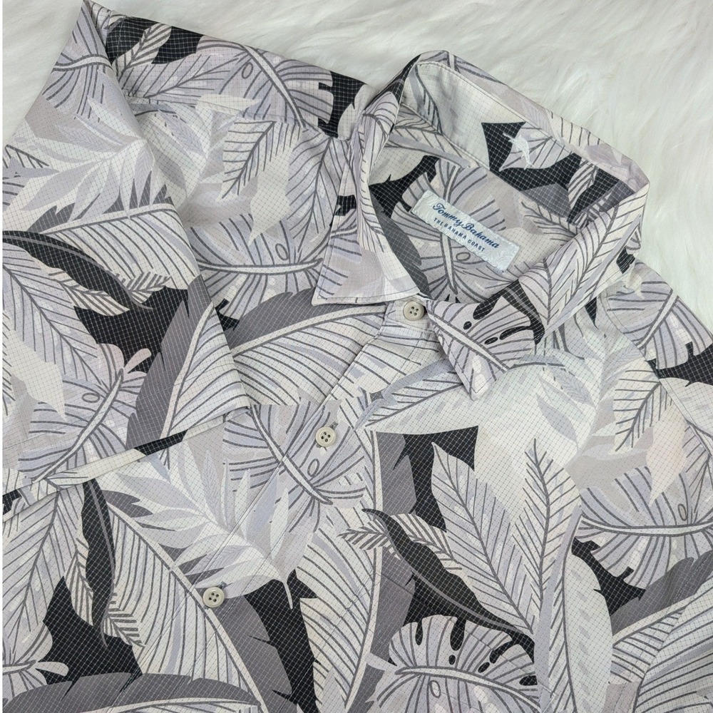 Tommy Bahama Button Down Men Large Gray Tropical Leaf Bahama Coast ST325816